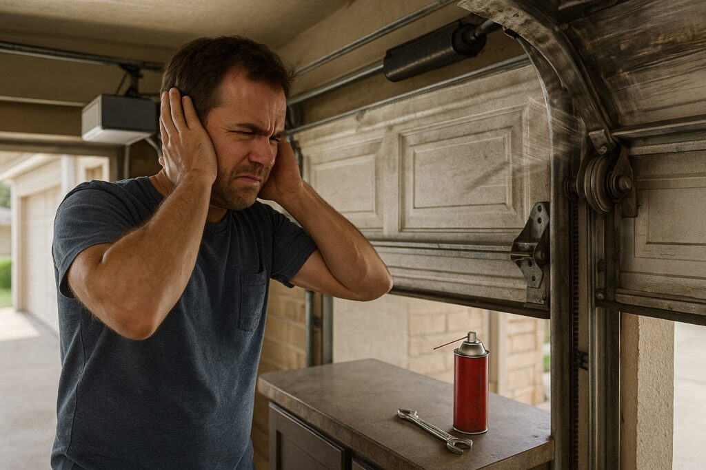 Man covering ears due to loud garage door noise, indicating urgent need for emergency garage door repair and lubrication.