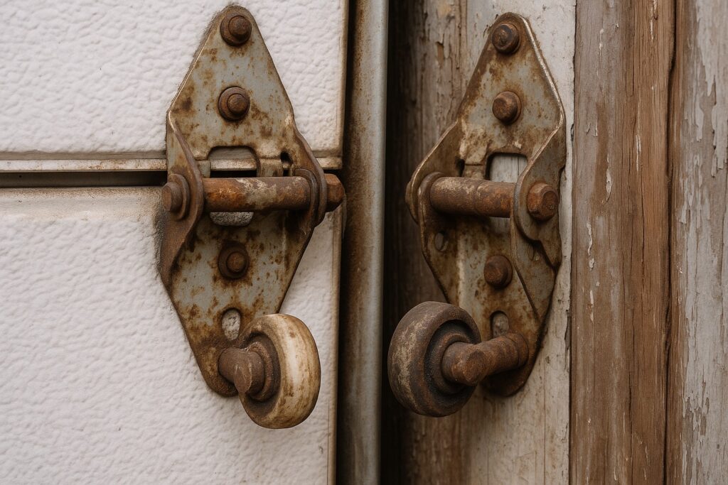 Close-up of severely rusted garage door hinges and rollers, highlighting the need for urgent garage door maintenance and potential replacement of worn components.