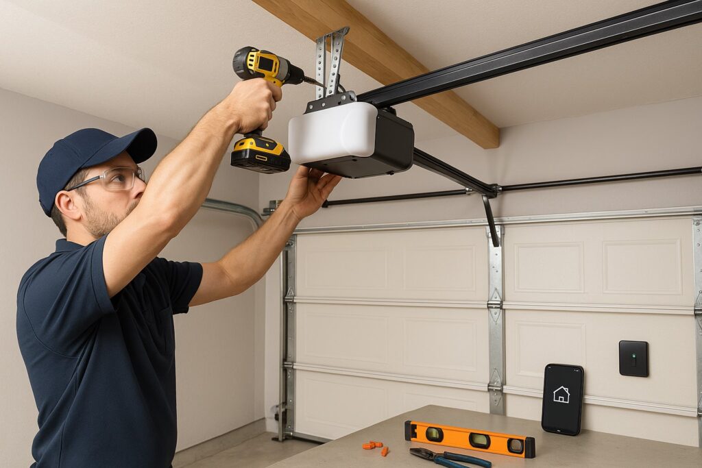 Technician installing a smart garage door opener as part of a new garage door installation, using a drill and level to ensure precise setup, with smartphone and smart home integration tools nearby.