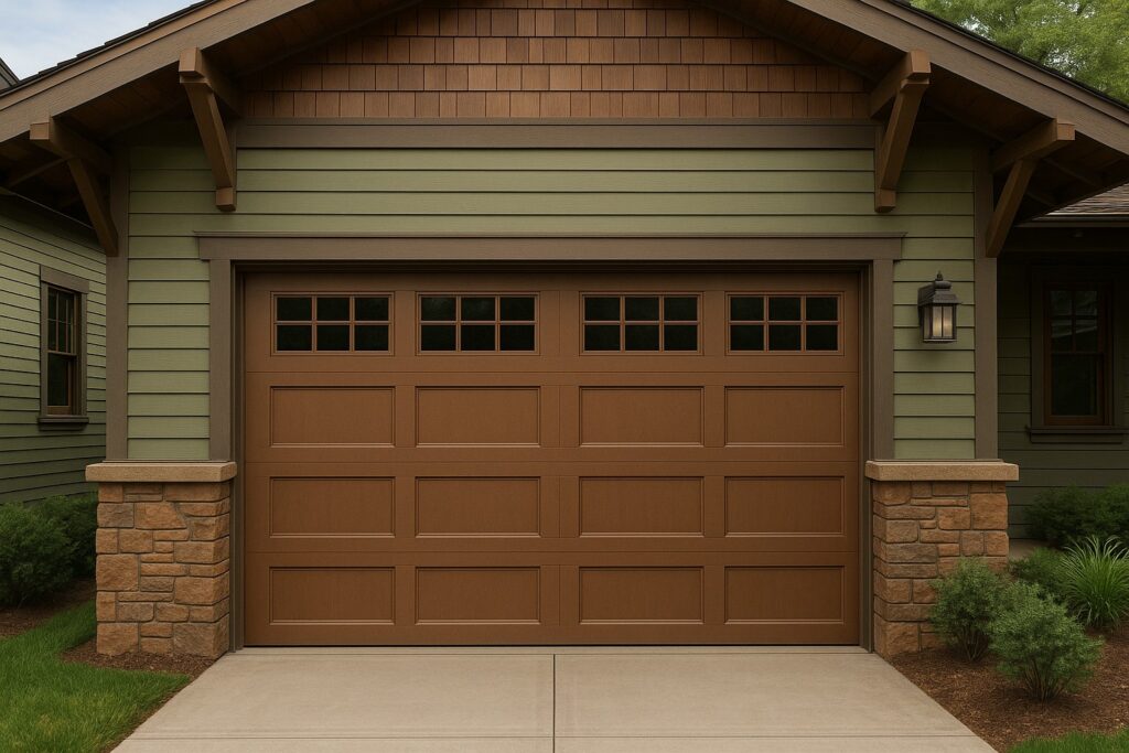 New craftsman-style garage door with raised panels and decorative windows, complementing a green and brown exterior home.