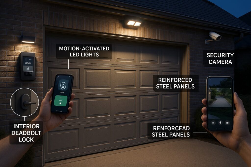 New garage door equipped with enhanced security features including reinforced steel panels, motion-activated LED lights, interior deadbolt lock, and remote monitoring via smartphone and security camera.
