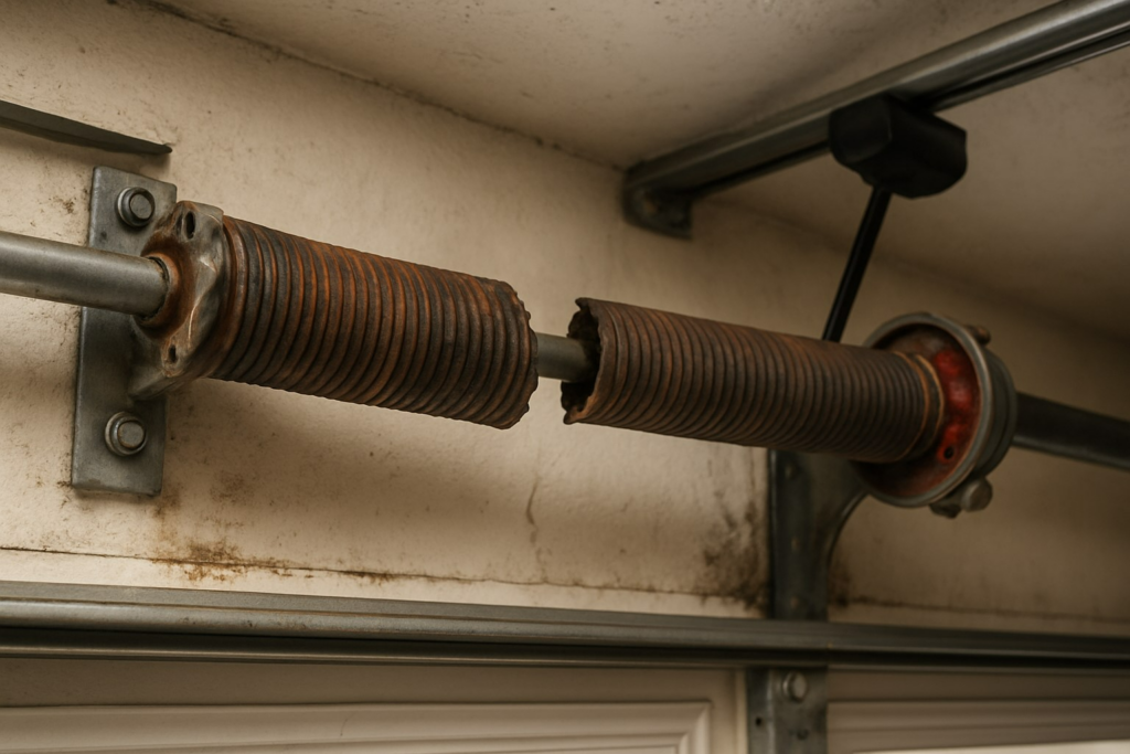 Broken garage door spring requiring professional garage door repairs.