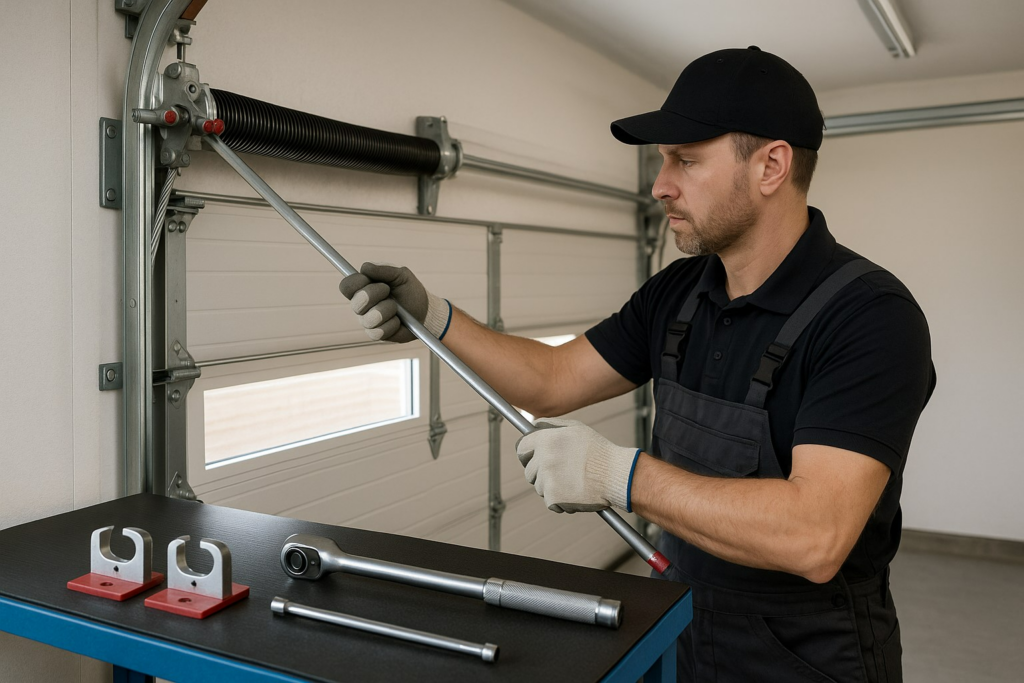 Professional technician adjusting garage door torsion spring with tools, performing expert service to repair garage door.