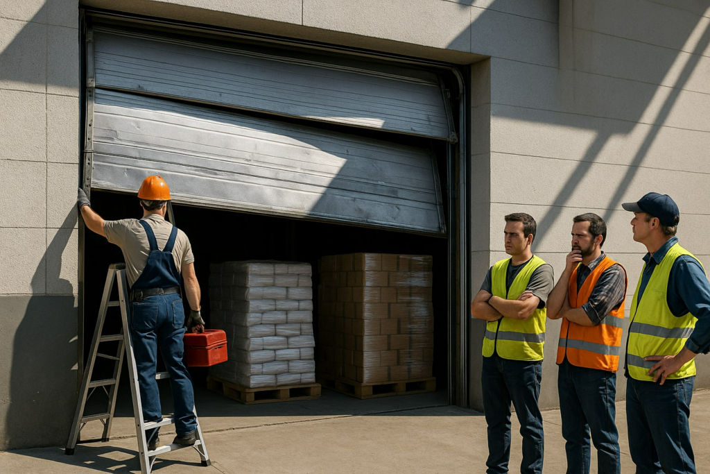 Technician inspecting damaged warehouse door with team watching during commercial garage door repair.