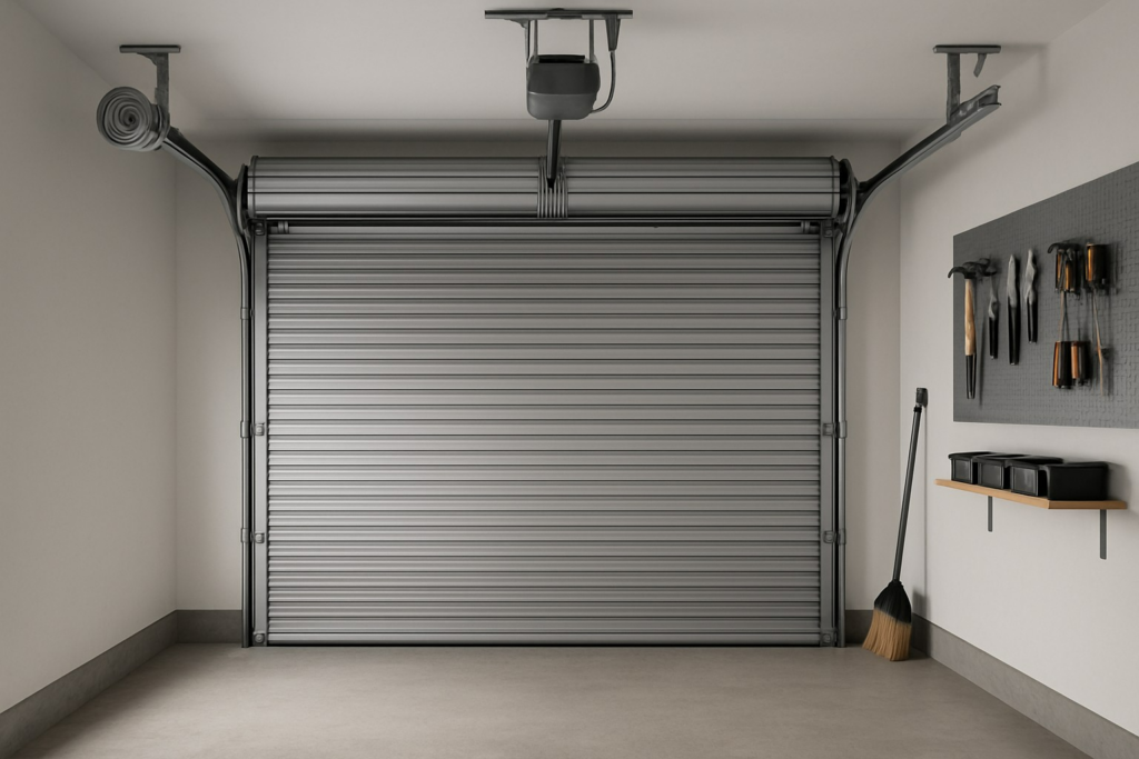 Interior view of silver roll-up modern garage doors with opener system.