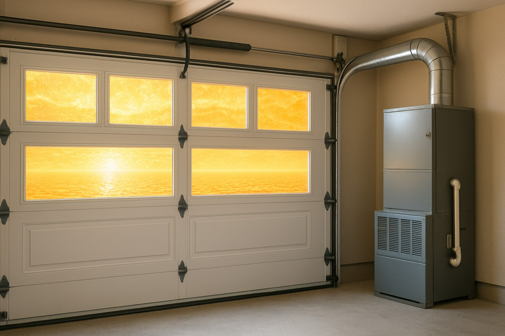 Interior view of modern garage doors with insulated windows and HVAC system.